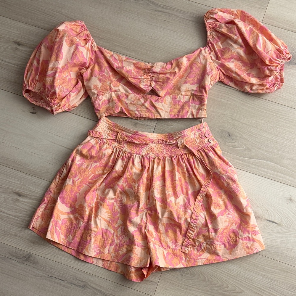 Pink & Peach Floral Two-Piece Puff Sleeve Set